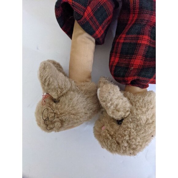 Bear in Red Plaid Nightshirt and Hat Bunny Slippers 15.5" Fuzzy soft fabric body - Picture 7 of 9